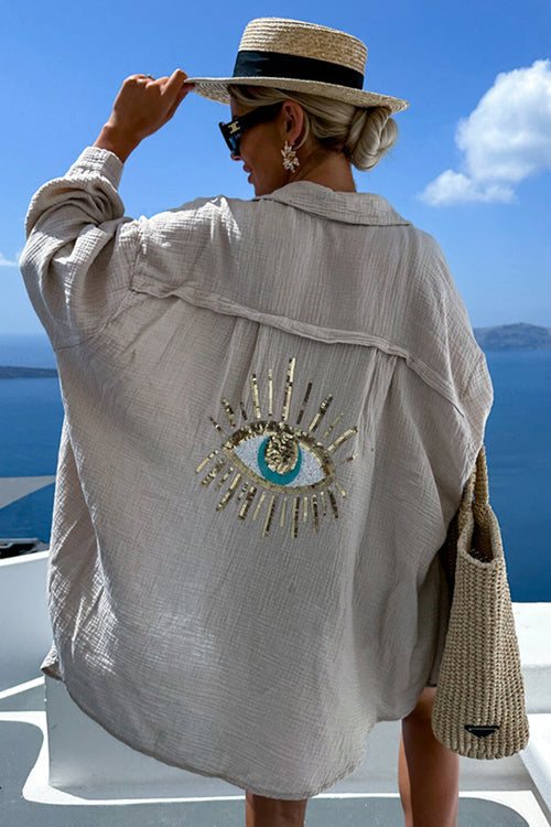 Summer Escapades Linen Sequin-Embroidered Top