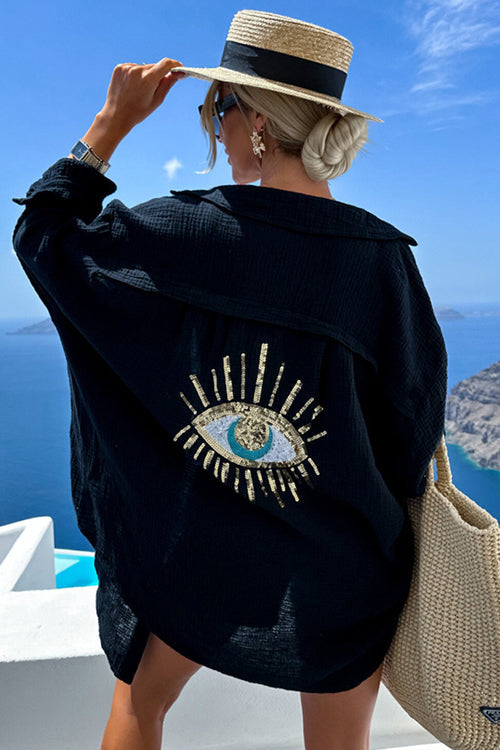 Summer Escapades Linen Sequin-Embroidered Top
