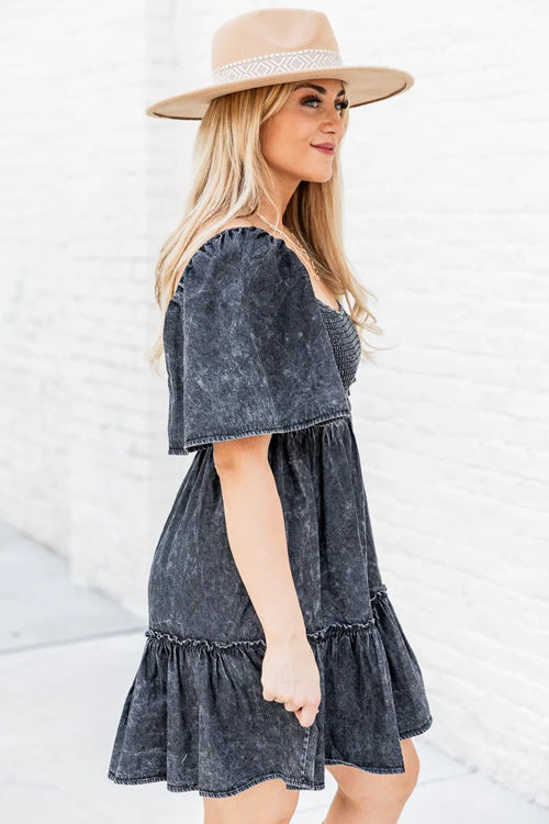 Pleasant Cutie Smocked Denim Mini Dress