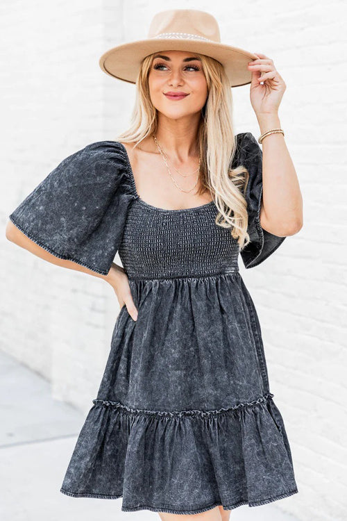 Pleasant Cutie Smocked Denim Mini Dress