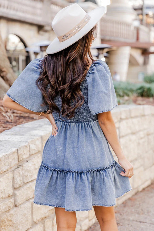Pleasant Cutie Smocked Denim Mini Dress