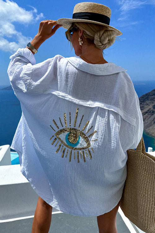 Summer Escapades Linen Sequin-Embroidered Top