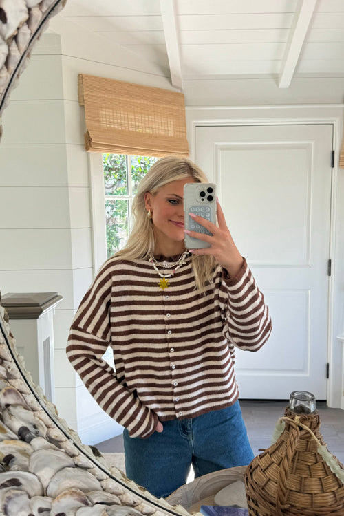 Attractively Cozy Soft Striped Knit Cardigan - Coffee