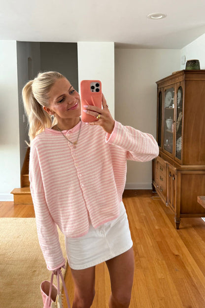 Attractively Cozy Soft Striped Knit Cardigan - Light Pink