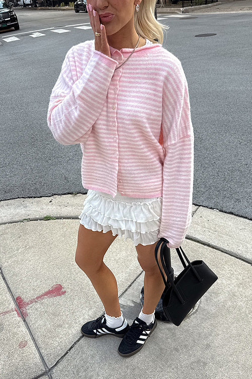 Attractively Cozy Soft Striped Knit Cardigan - Light Pink