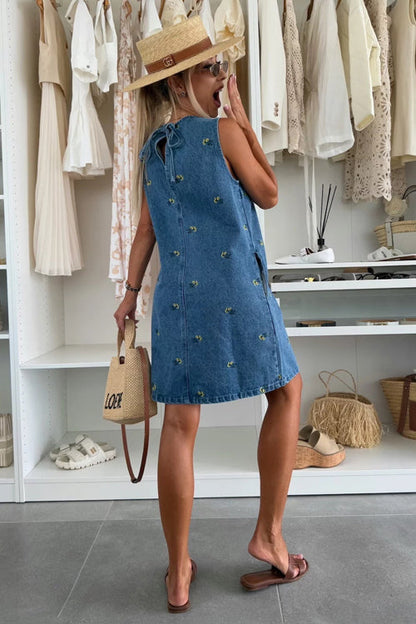 Dreamy Strolls Embroidered Tie-Back Denim Mini Dress