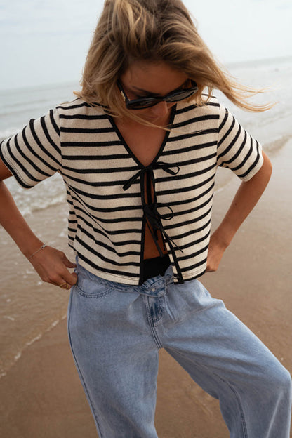 Best Essence Striped Tie-Front Knit Top