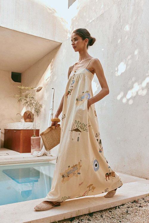 Lovable Aesthetic Print Flax Maxi Dress