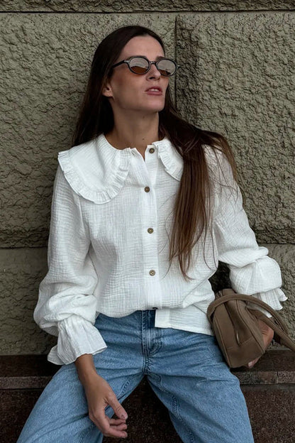 Sunny Culture White Textured Collared Long Sleeve Top