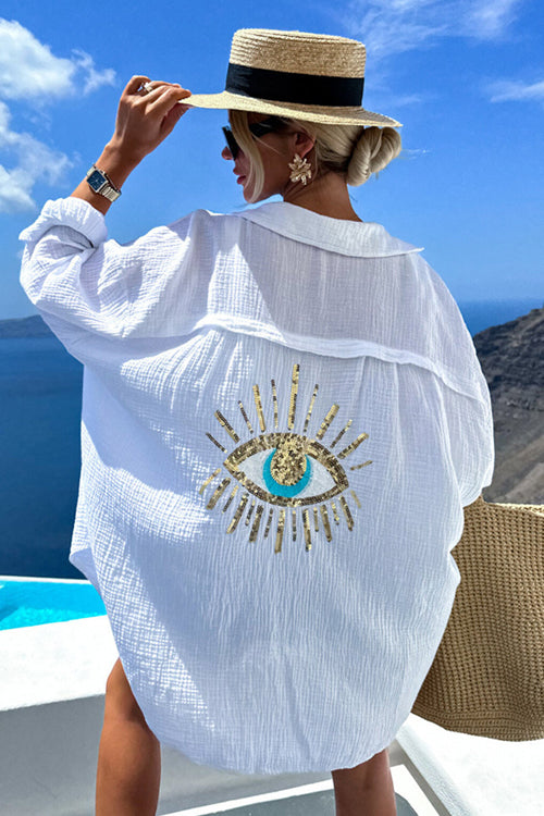 Summer Escapades Linen Sequin-Embroidered Top