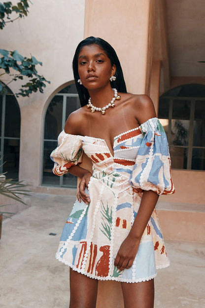 Always Remarkable Off Shoulder Print Mini Dress
