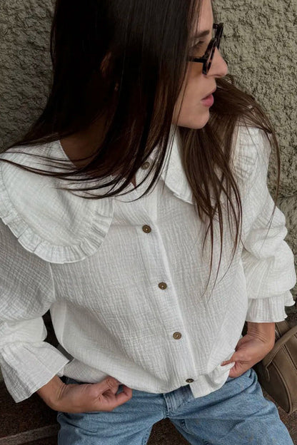 Sunny Culture White Textured Collared Long Sleeve Top