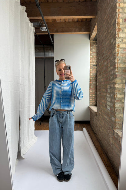 Attractively Cozy Soft Striped Knit Cardigan - Blue