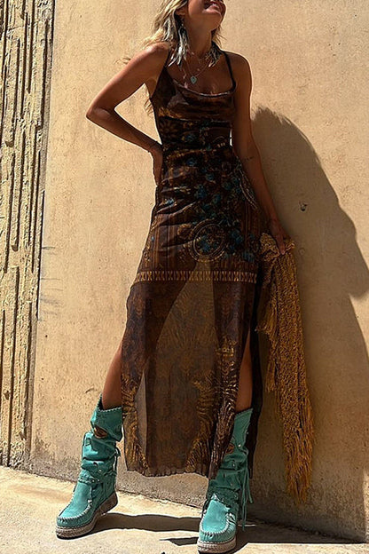 Vibrant Babe Bohemian Print Drawstring Maxi Dress - 3 Colors